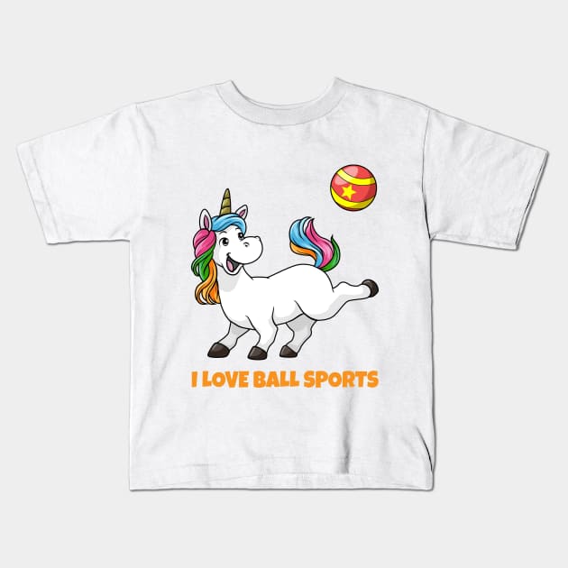 Unicorn at sports with ball Kids T-Shirt by Markus Schnabel